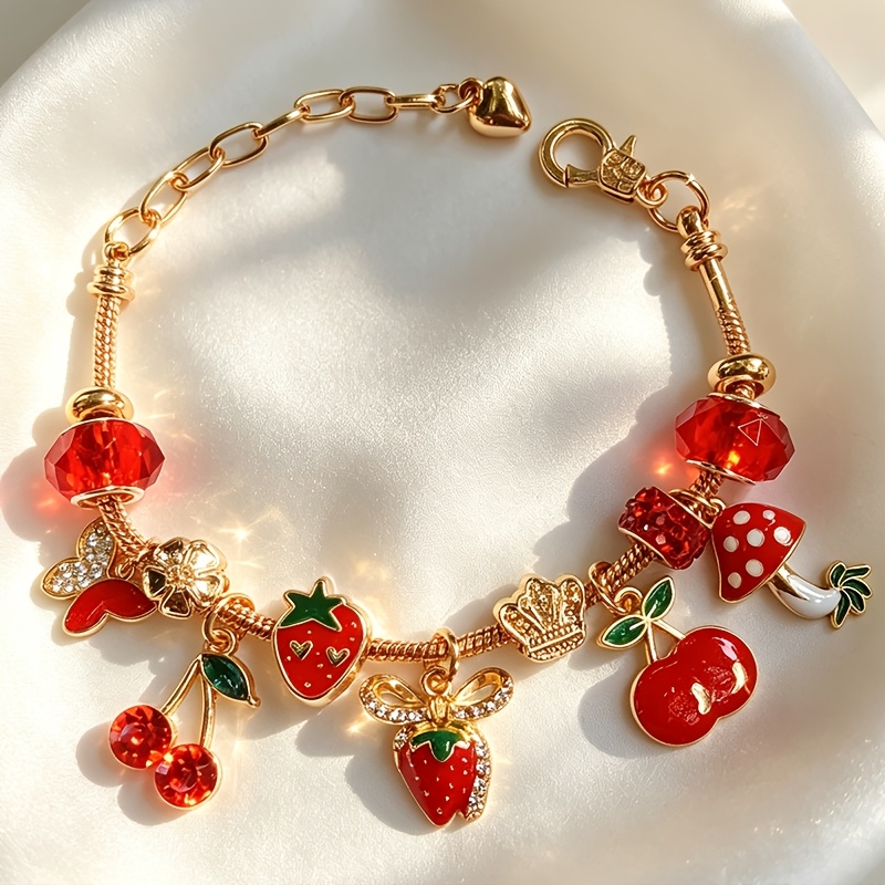 TEMU Berry Strawberry Cherry Golden Bead Bracelet, Mushroom Bow Crown Flower Pendant Adjustable Snake Chain, ' Friend Birthday Holiday Fruit Jewelry