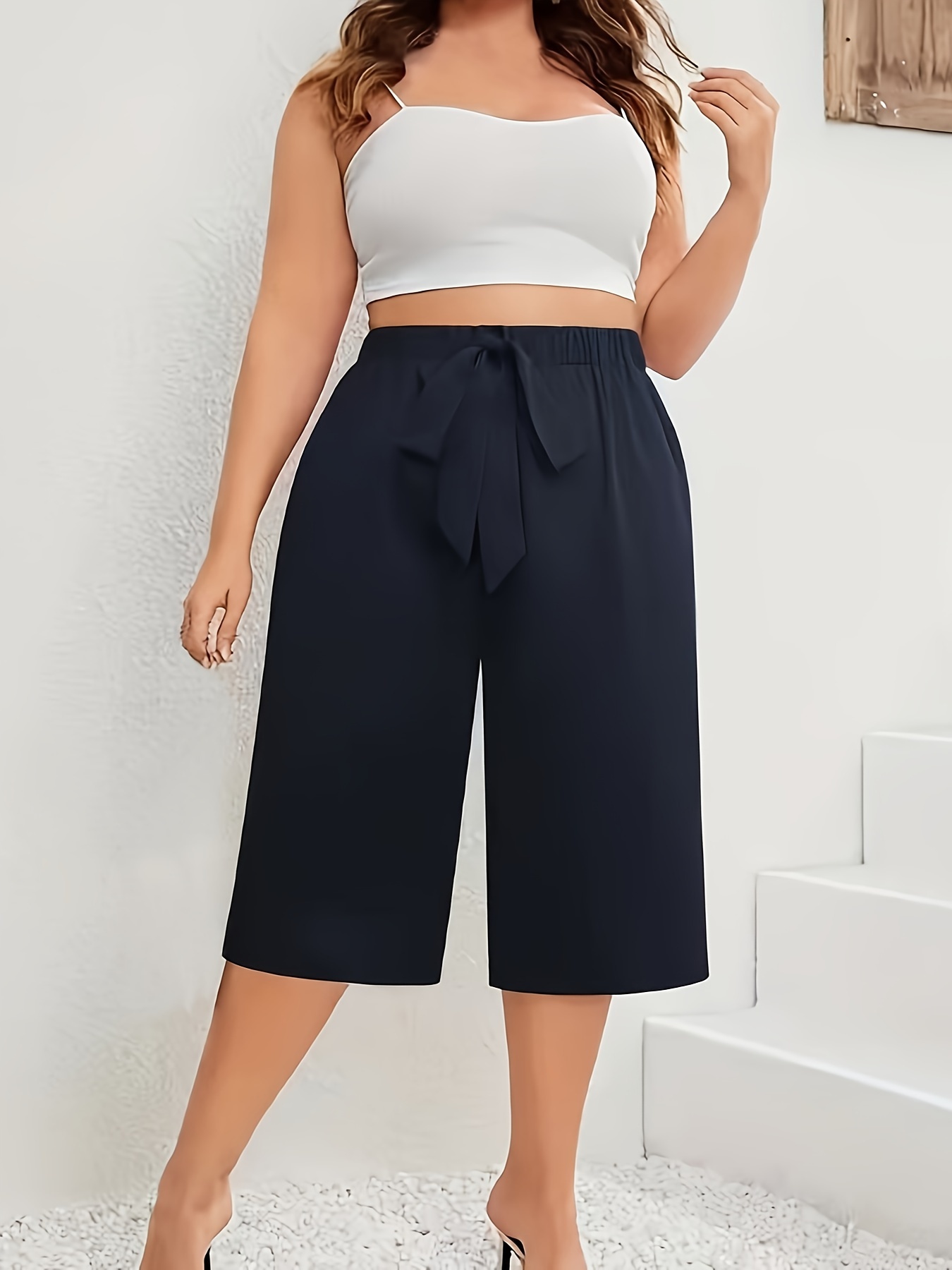 Plus Size Solid Wide Leg Shorts, Elegant High Waist Tie-Front Pants For  Spring Summer, Women's Plus Size Clothing