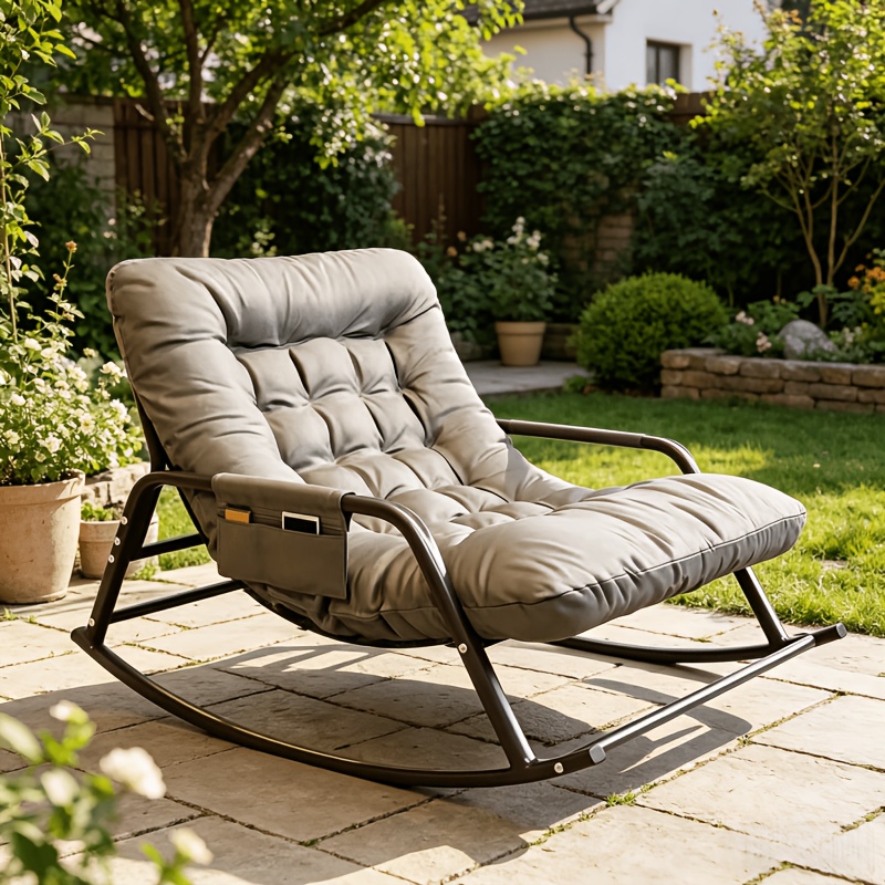 jpek outdoor-schaukelstuhl, bequemer terrassen-schaukelstuhl mit dick gepolstertem sitzkissen seitentaschen-design, ergonomischer loungesessel,   für hinterhof, veranda, garten den innenbereich, terrassenmöbel