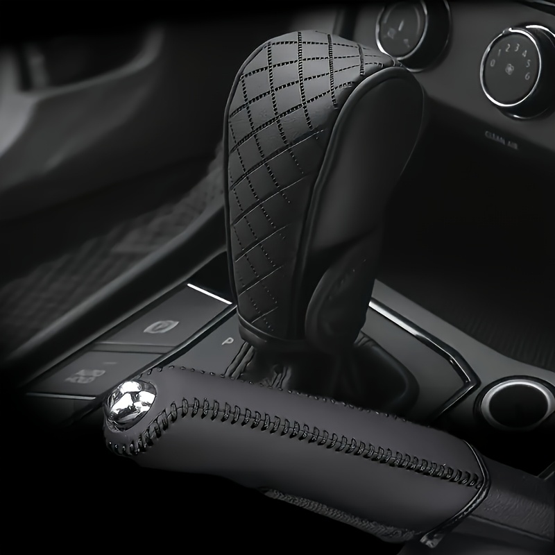 TEMU 2pcs Car Gear Shift & Cover Set - Pu Leather Anti-slip Shift Knob & Handle Covers, Suitable For All Vehicles, Wear-resistant For Manual