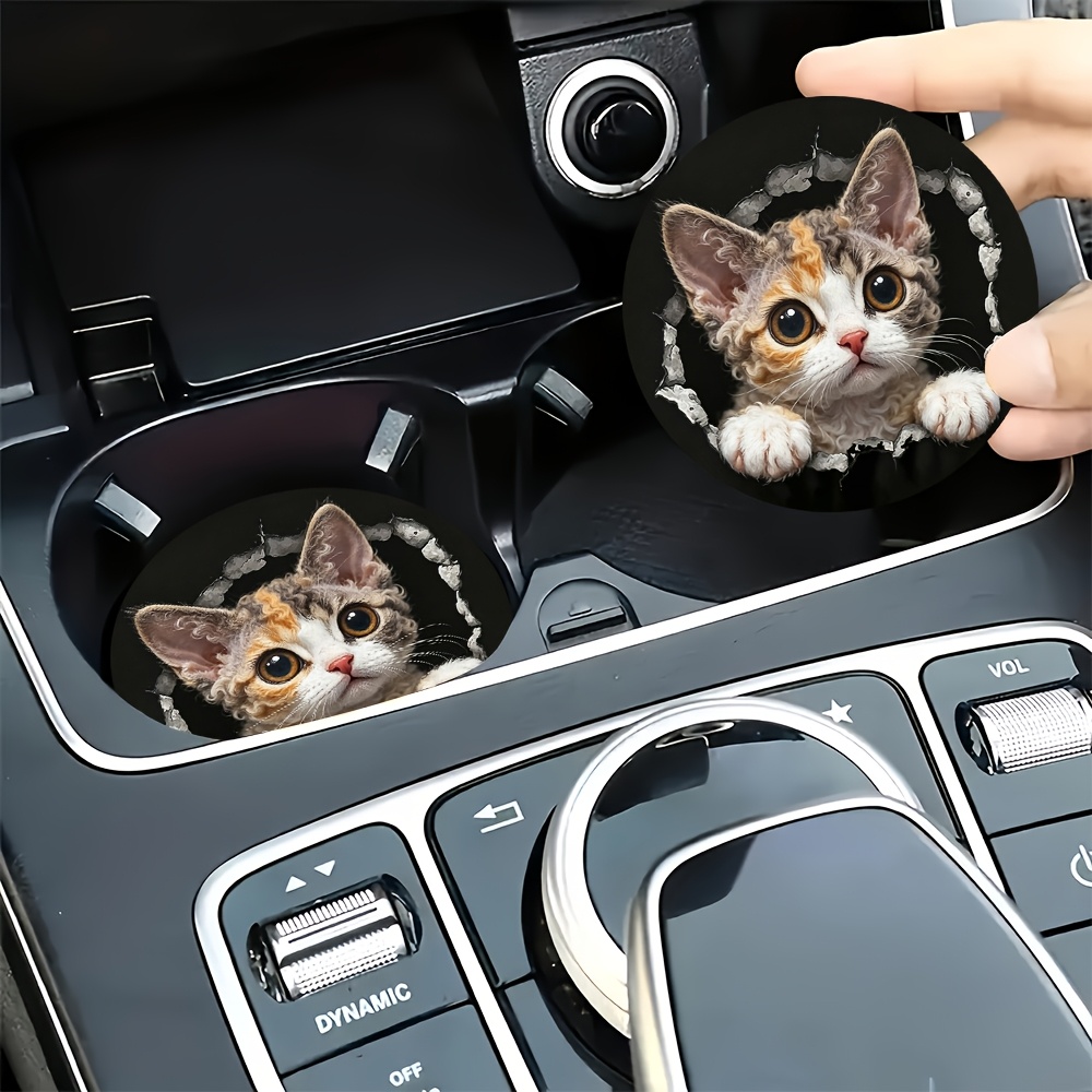 TEMU 2pcs Curly Kitten Hole Peek-a-boo Print Car Coasters, Non-slip Durable And Easy To Clean, Cup Holder Decoration, Suitable For Daily Commuting,