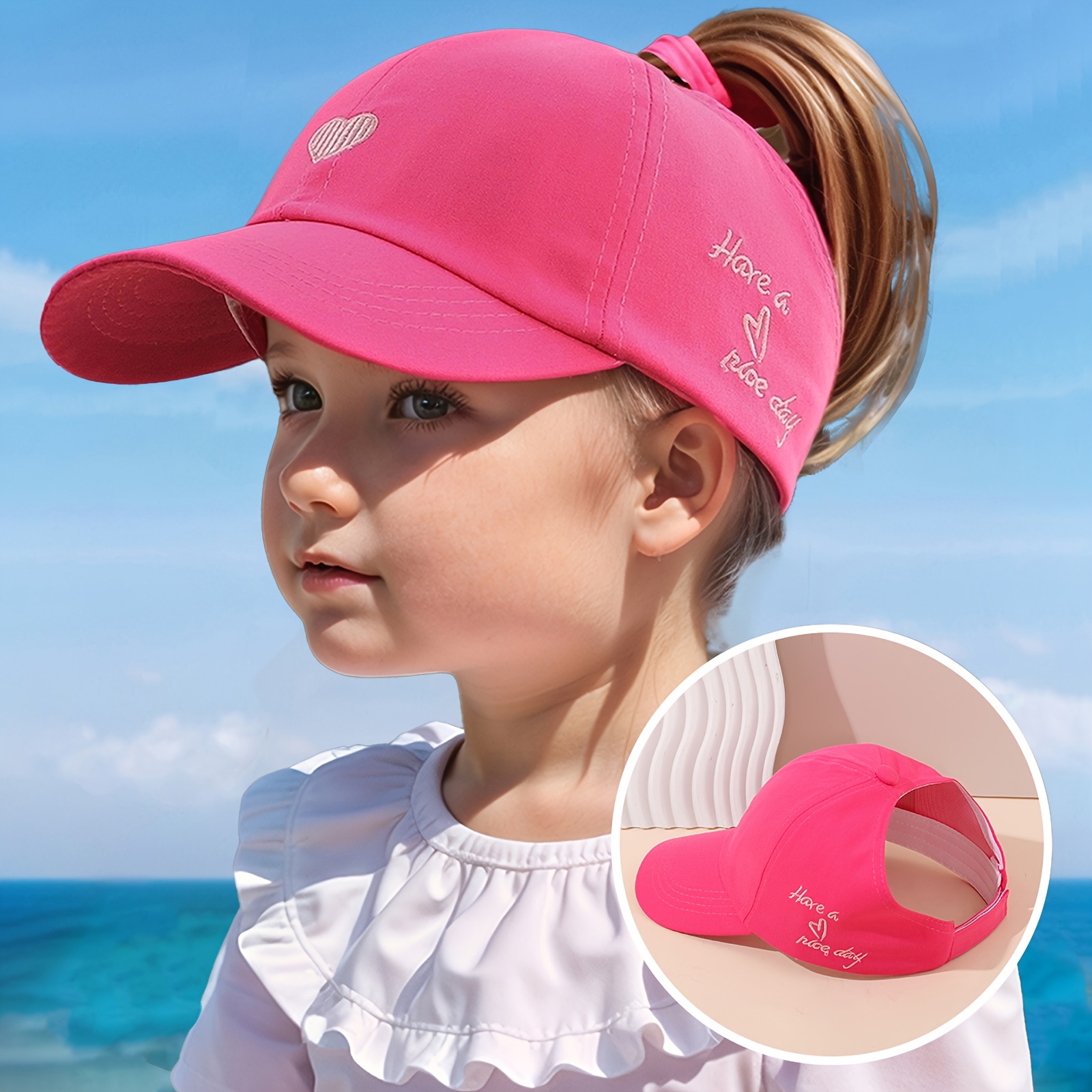 Youngsters' Breathable Baseball Cap with Heart & Letter Design - Adjustable Snapback, Machine Washable, 4-8 Years, Casual Summer Hat for Boys & Girls, Hat for Girls, Outdoor Play Accessory, Playful Youngsters' Style, Durable Youngsters'S Wear