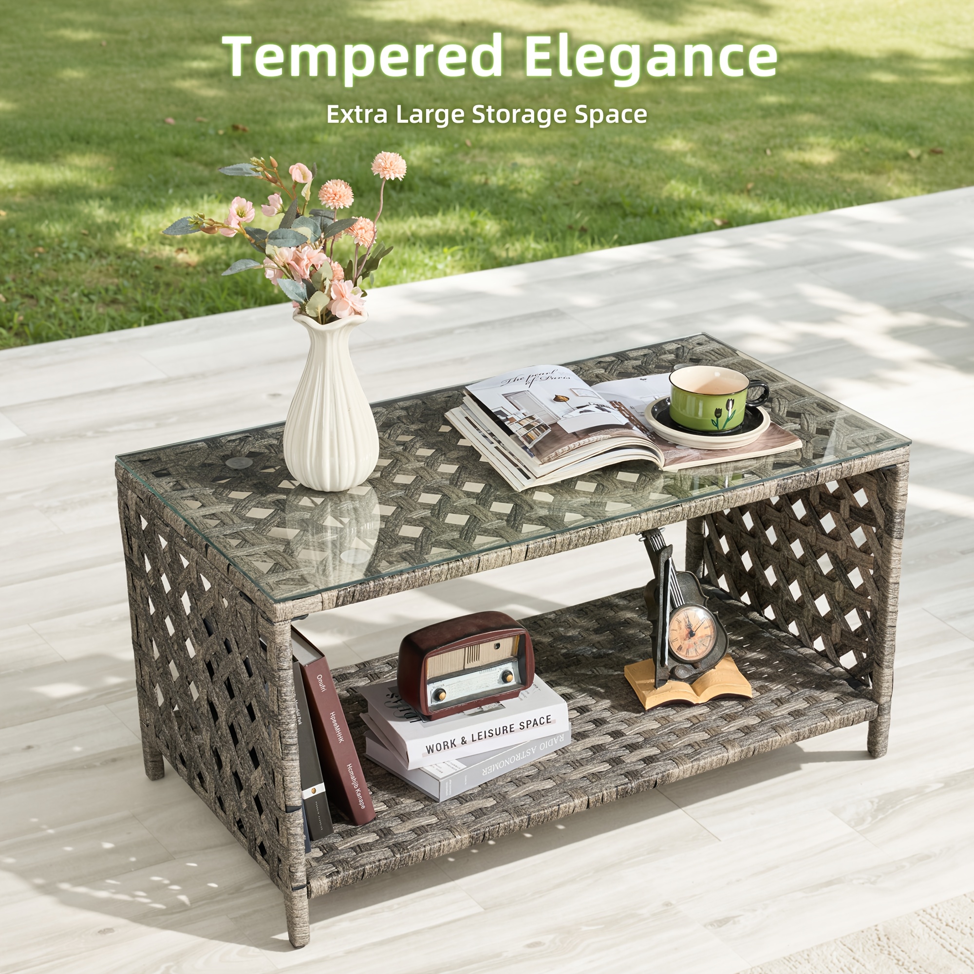 4pcs Outdoor Seating Arrangement, Durable Grey Rattan Garden Furniture Collection, Wicker Sofa with Chairs And Coffee Table, High-Back Rattan Loveseat with Comfortable Cushions for Patio, Available in 3 Fabric Color Choices