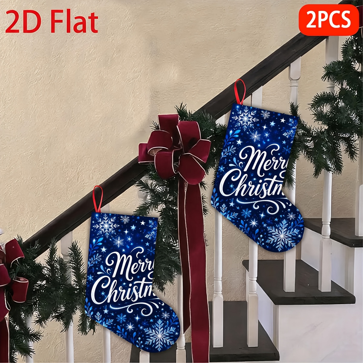 TEMU 2pcs Pack 2pcs Blue Snowflake Christmas Stockings Suitable For Parties, Door & Tree Decorations, With Snowflake Patterns, Multi-style Holiday