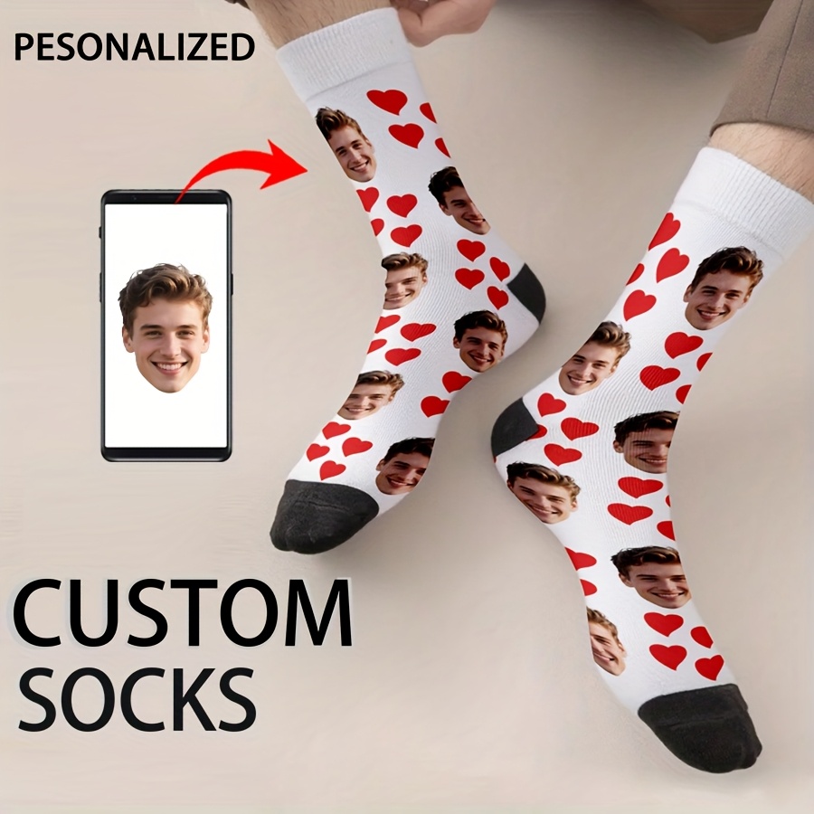 TEMU 1 Pair Of Men's Customized Facial Couple Socks - Personalized Mid Tube Socks With Interesting Photo Designs, Perfect Gifts For Valentine's Day,
