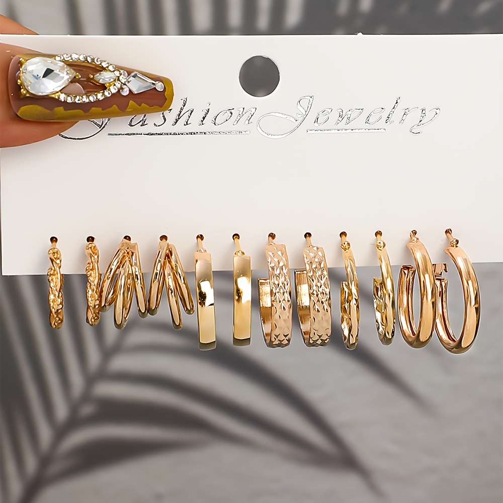 Image of 12pcs Set, 6 Pairs Of Alloy Hoop Earrings, Minimalist Daily Versatile Geometric Hoop Earring Set