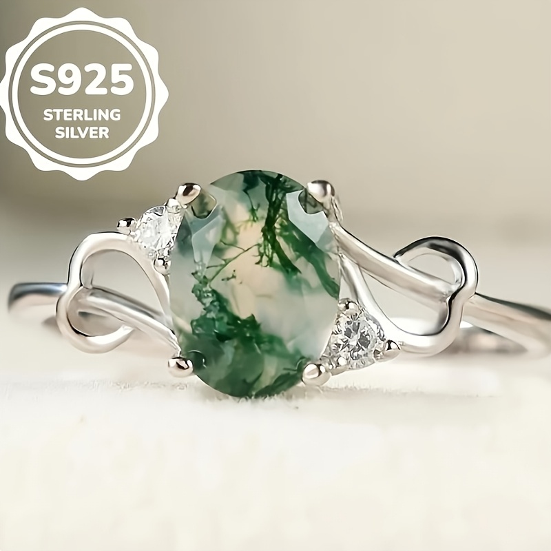 

925 Bague En Argent Sterling Incrustée D'agate Mousse En D'œuf Bague de Fiançailles / Mariage de Haute Qualité Cadeau Pour Femme Avec Boîte Cadeau