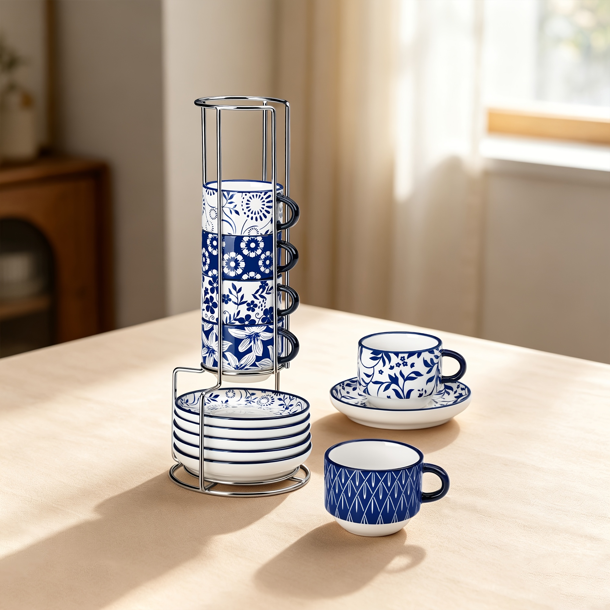 Image of 6pcs Porcelain Espresso Cup And Saucer Set With Metal Rack | Blue And White Floral Patterns | 3oz Coffee Cups With Saucers & Storage Stand | Microwave & Dishwasher Safe