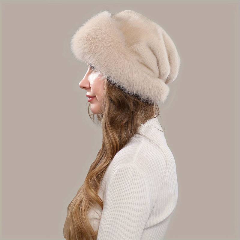 Luxury Women's Winter Bucket Hat - 100% Mink Fur Knit With Fox Fur Trim, Beige