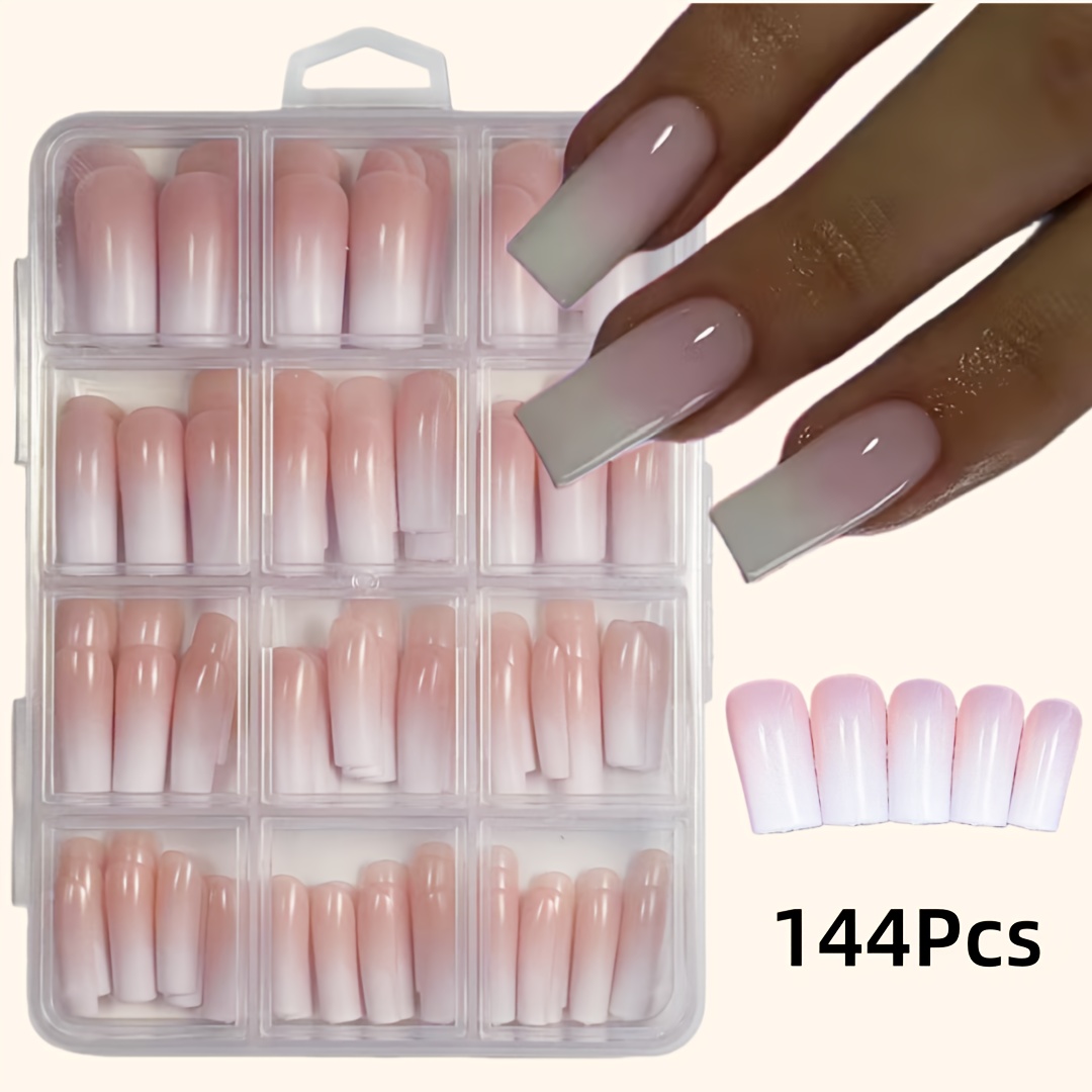 E-shop 144 Stück Kurze Quadratische Press-On-Nägel, Weiß/Rosa Ombre, 12 Größen Kunstnägel-Set, Einfacher Vielseitiger Stil für Frauen