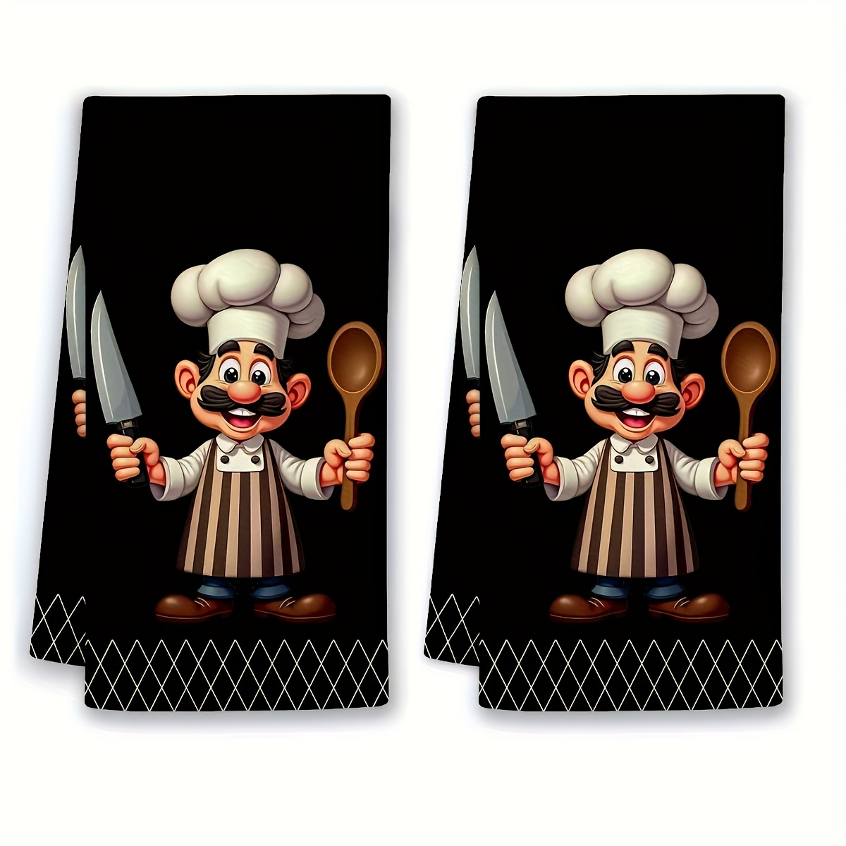 TEMU Ensemble de 2 torchons de cuisine de dessin animé - Chiffons en polyester absorbants, avec un design noir avec des illustrations de chef blanc,