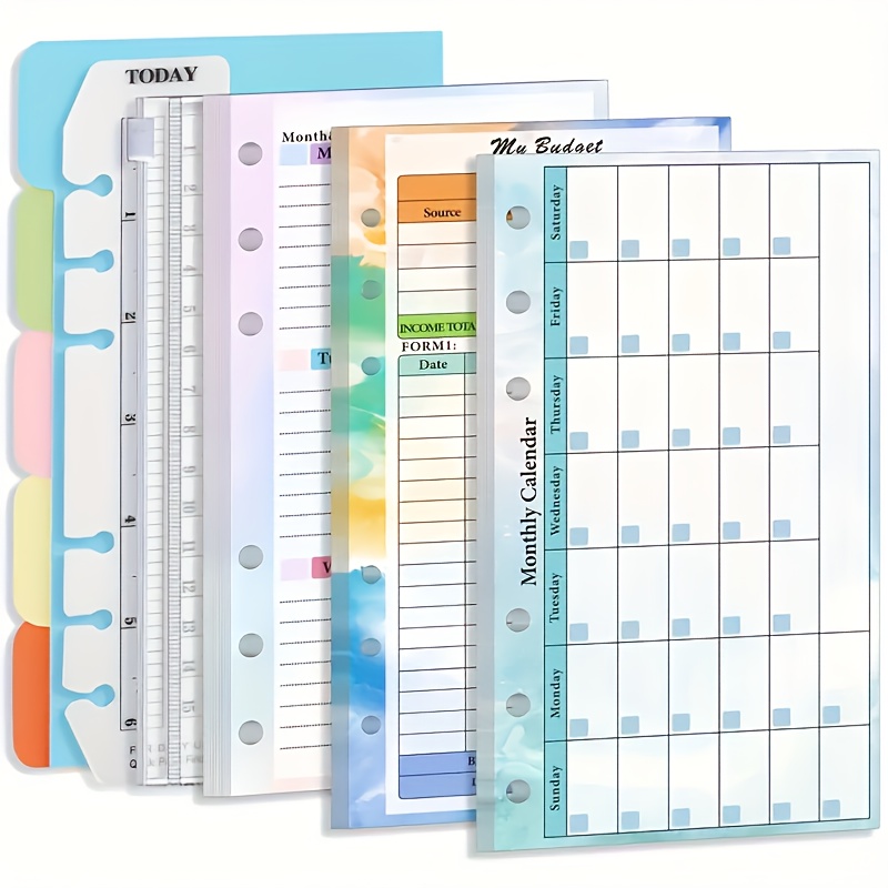 

A6 Budget Planner Refill Set, 82 Sheets Weekly Planner Monthly Calendar Inserts 6-hole Budget Planner With Binder Pocket, Paper Divider, Ruler, Index Tabs (set 1)