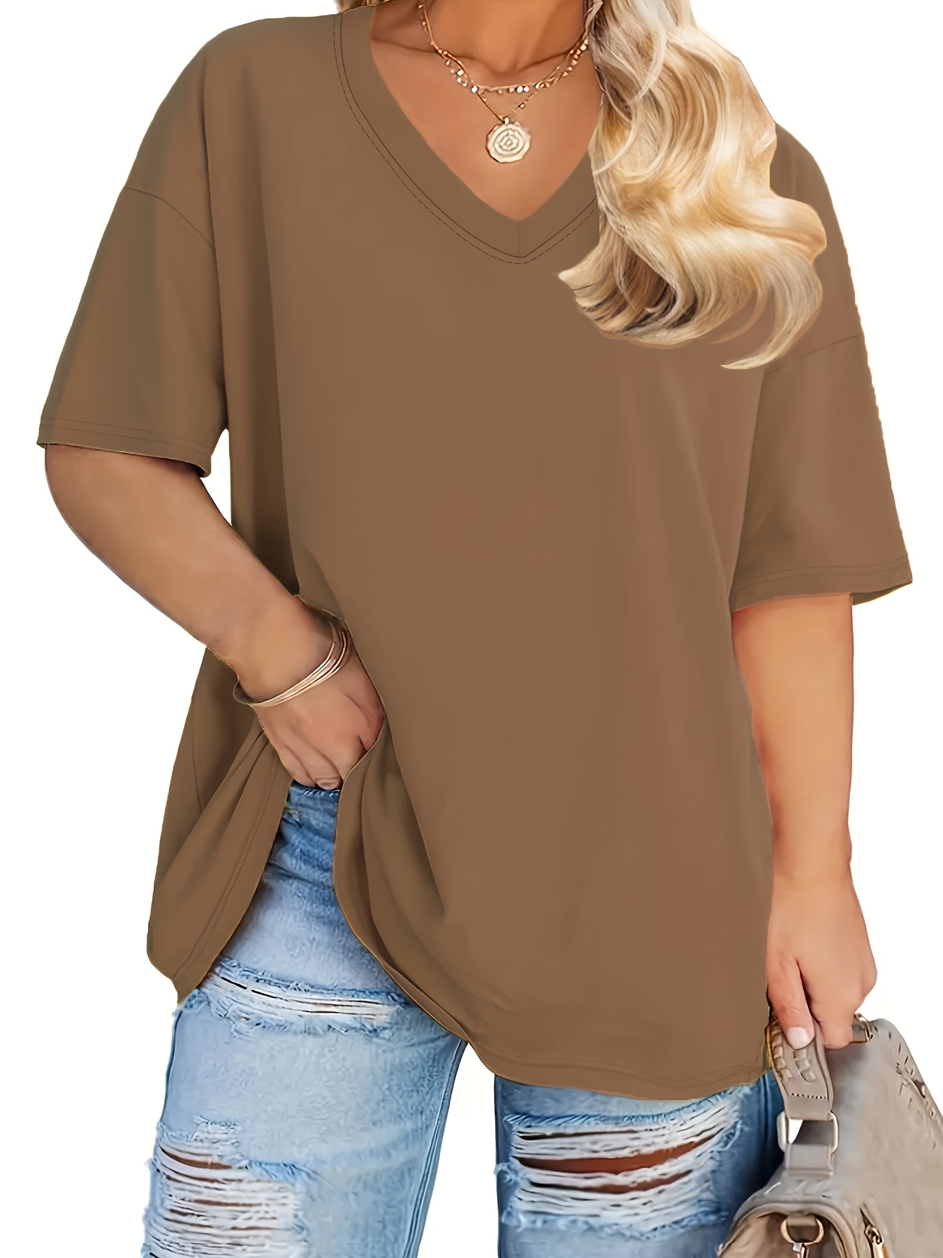 Women'S Plus Size Casual V-Neck T-Shirt, Polyester 95.0% Spandex 5.0%, Solid Color Knit Fabric, Retro Vacation Style Short Sleeve Tee for Spring/Summer, Ladies T Shirts