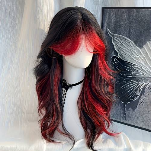 a daily wig suitable for everyone featuring black and red streaked parting large wavy long hair fashionable and elegant parties and as well as halloween