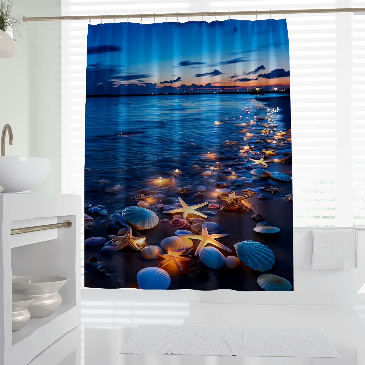 

1pc Ocean Sunset Seashell Starfish Shower Curtain, Fashionable Digital Print Bathroom Decor, Water-resistant Fabric For Home And Hotel Use