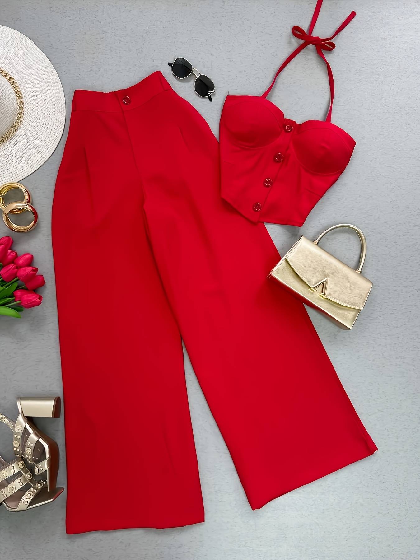 spring summer new womens versatile fashion solid color 2pcs vest and pants set