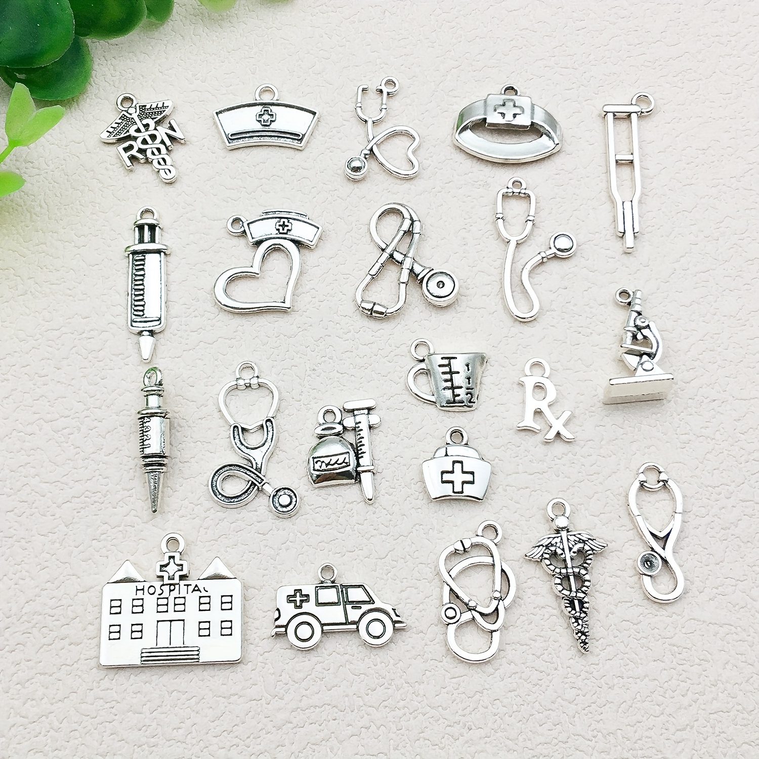 TEMU 20pcs Doctor Charms Collection, Nurse Stethoscope Ambulance Stick Nurse With Letter Microscope Measuring Cup Syringe Charms Metal Pendant Craft