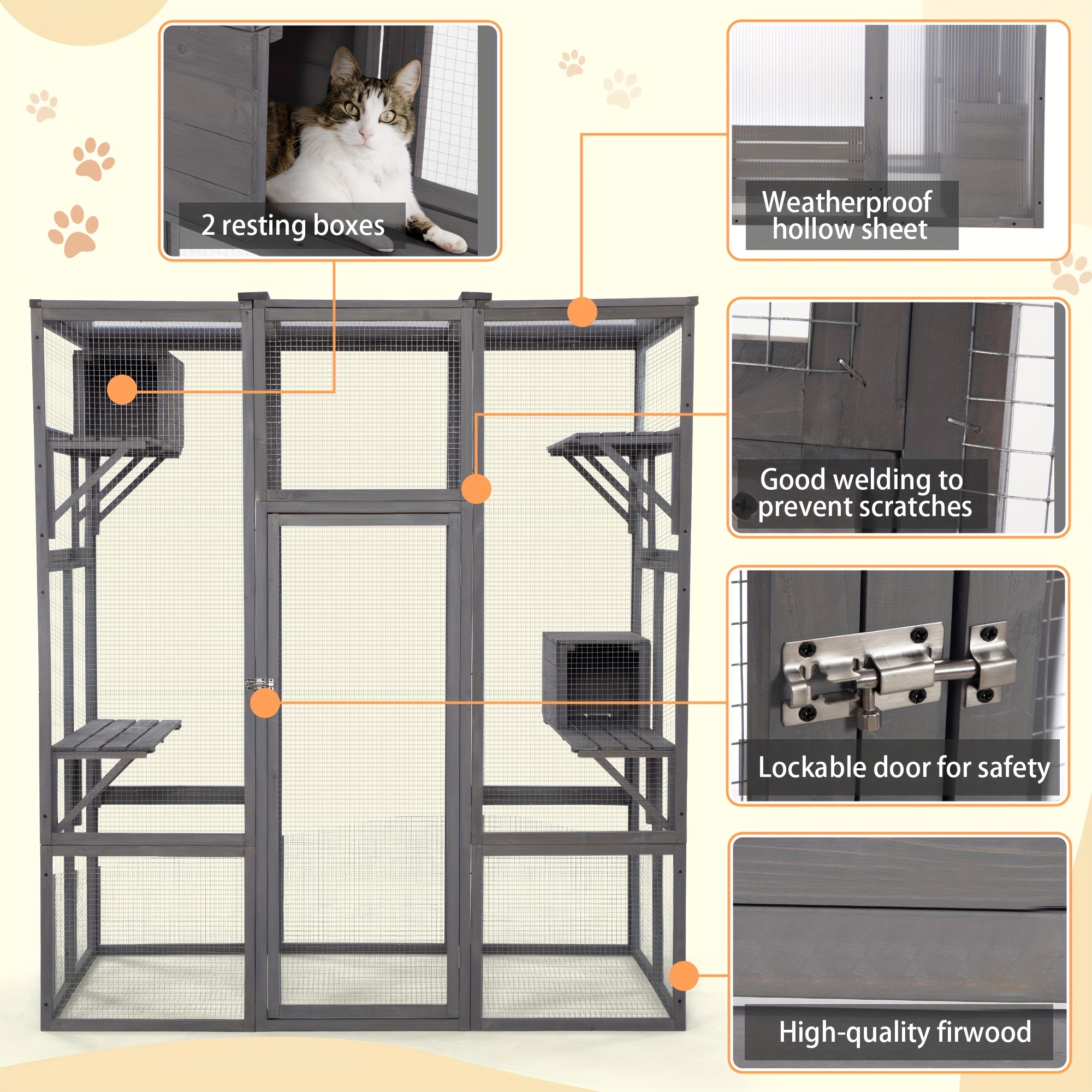 

Cat Enclosure, Large Wood Cat Cage With Sunlight , Perches, Sleeping Boxes, Pet Playpen, Grey