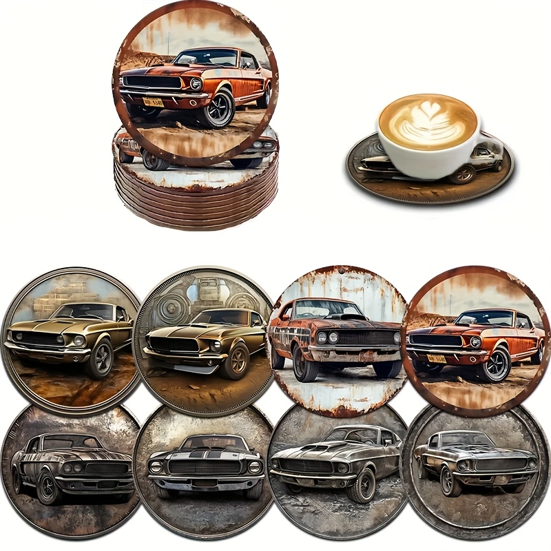 TEMU 8pcs Retro Car Coaster Set, Wooden Cup Coasters For Tea And Coffee Mugs, Perfect For Home Decor Or Housewarming Gifts For Parents
