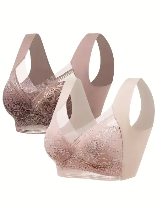 2pcs elegant floral lace wireless sports bras for women high support breathable able non padded with lace detailing yoga and active pullover bra nylon polyester blend