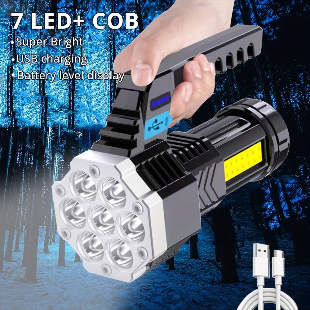 

7 Led & Cob Flashlight - Usb Rechargeable, High Power With 4 Lighting , Portable Handheld Design For Outdoor Use