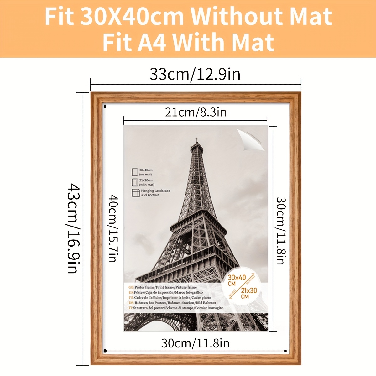 E-shop Holz-Fotorahmen, 30*40 cm/A3/A4 Klassischer Fotorahmen, mit Unterlage A5 Desktop-Fotorahmen, Retro-Minimalistischer Linienrahmen im