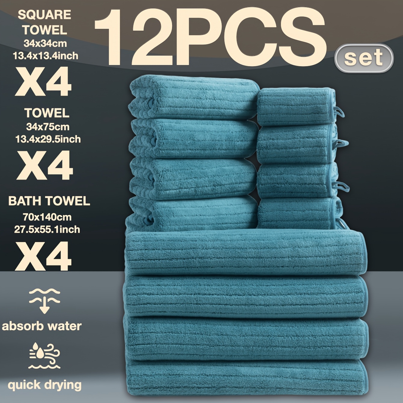 TEMU 12-teiliges Set aus ultraweichen, gestreiften Korallen--, Handtuch- Badetuch-Set, bestehend aus 4 Badetüchern (27,5 x 55,1 Zoll), 4 Handtüchern