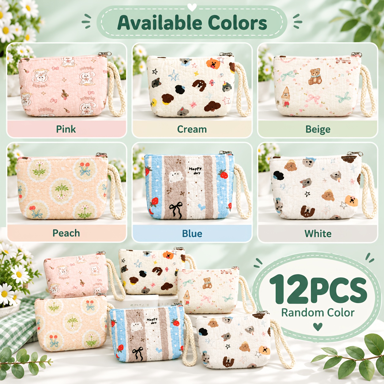 TEMU 12pcs Random Zipper Pouch Set, Cute Printed Coin Purse With Wrist Strap, Small Storage Bags For , Keys, Earbuds, Cosmetics, Gifts & Party Favors