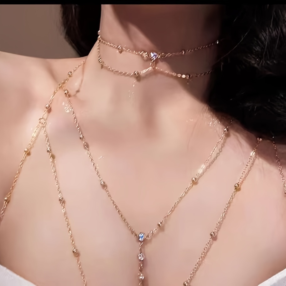 2pcs fashion   round bead necklace body chain set tassel pendant necklace and braided choker womens european style trendy jewelry set Product details 0