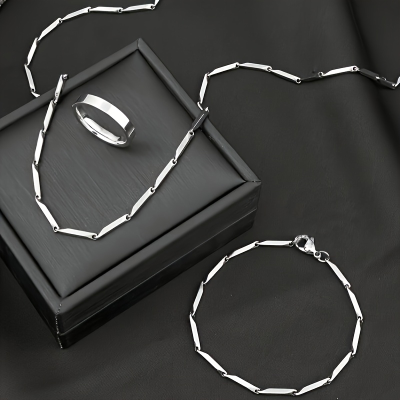 TEMU A Set Of 3 Stainless Steel Men's Fine Chain Necklace And Bracelet, Featuring A Smooth Ring, Easy Yet Stylish Design, Everyday Wear, Holiday