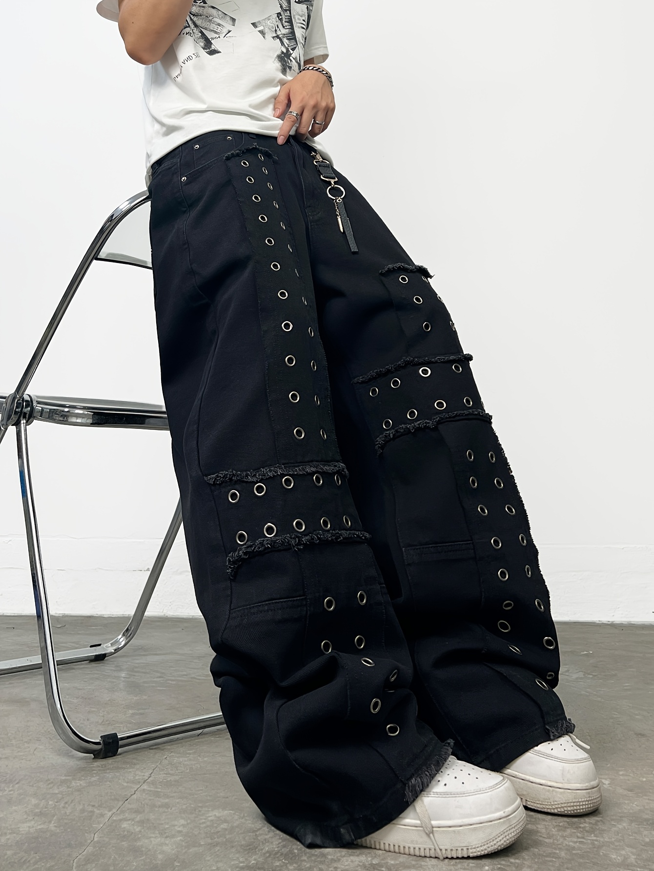 distressed washed mens waist jeans - Temu Bahrain RIVET DESIGN LOOSE PANTS