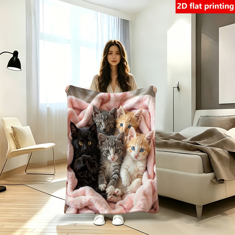 TEMU 2d Flat Printing, 1pc, Soft Flannel Cat Print Blanket, Comfy Theme, Single-sided Print, Suitable For Camping, Sofa, Office , Travel, , 2d Flat
