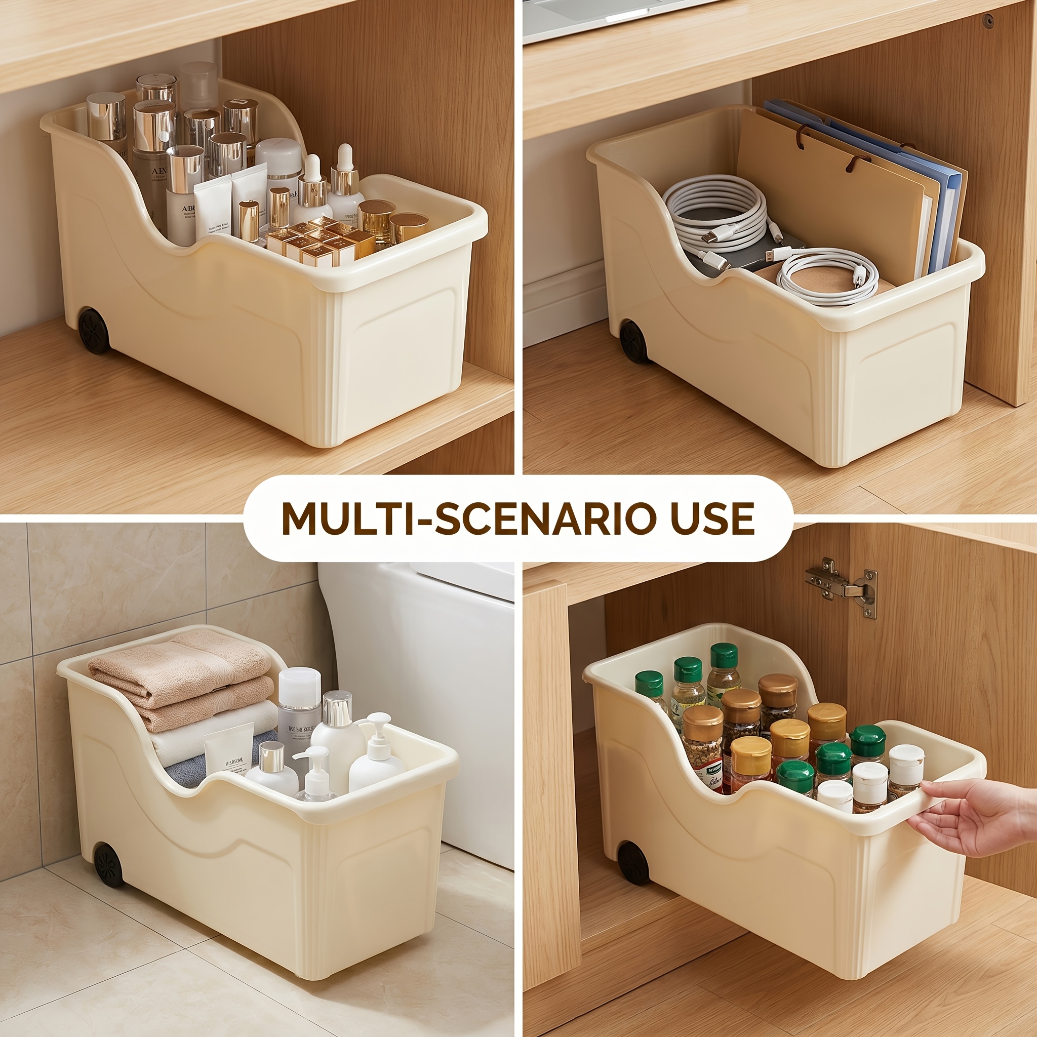 3pcs Pull-Out Rolling Storage Bins, Large Capacity Wheeled Plastic Containers for Organizing & Storing Items In Kitchen, Bathroom, Cabinets Or Fridge (Wheels Non-Removable)