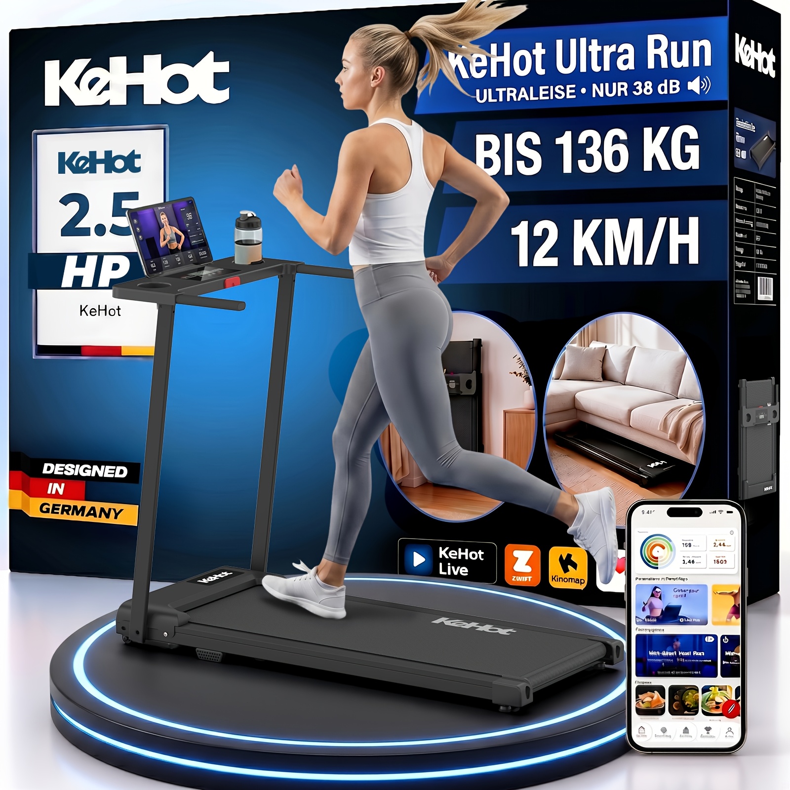 2-in-1 Folding Treadmill With App Control & Wireless Speaker, 1-12km/ Walking & Running Machine, 2.5hp Motor, Led Display, 12 Programs, Foldable Fitness Equipment, Black, Without Battery