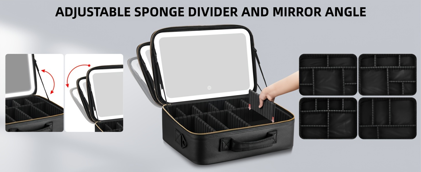 large size travel makeup bag with led mirror with rechargeable three color lighting mirror makeup bag with adjustable divider brush plate long suspenders andluggage strap suitable for travel parties business trips and other occasions details 10