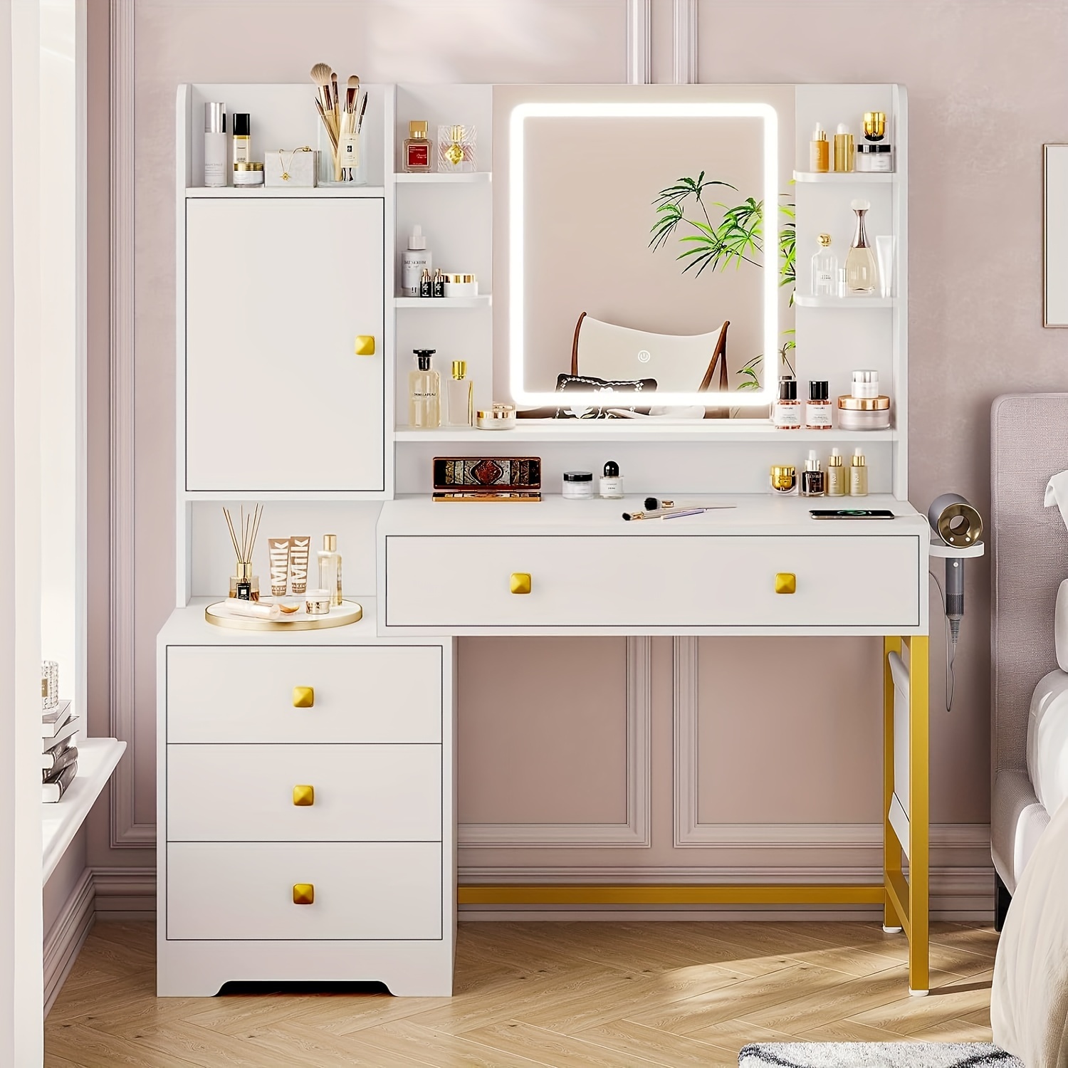 

Desk With Mirror And Lights And Charging Station, Makeup Vanity Table With Drawers&shelves&nightstand