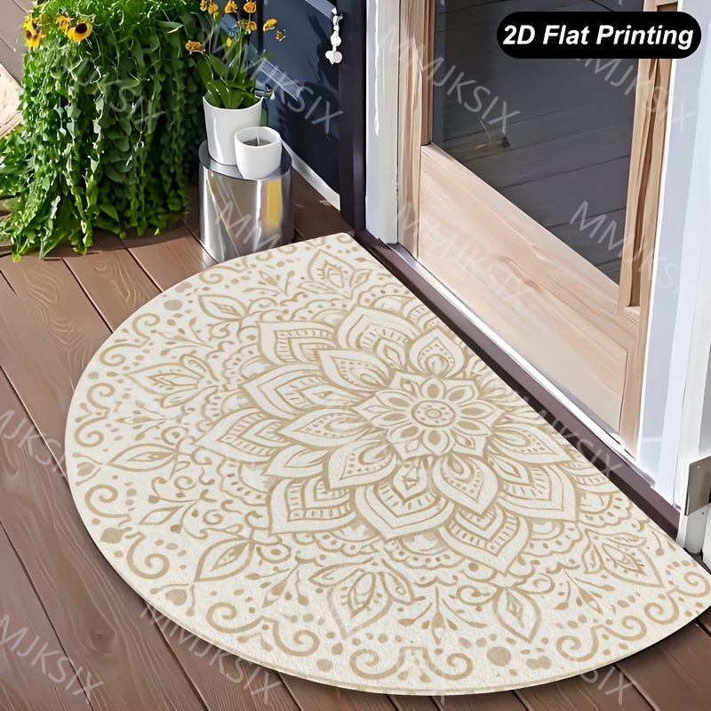 TEMU 1pc 2d Flannel Bathroom Rug, Beige Floral Mandala Pattern Half-round Doormat, Suitable For Bathroom, Entrance, Hallway, Kitchen Welcome Decor,