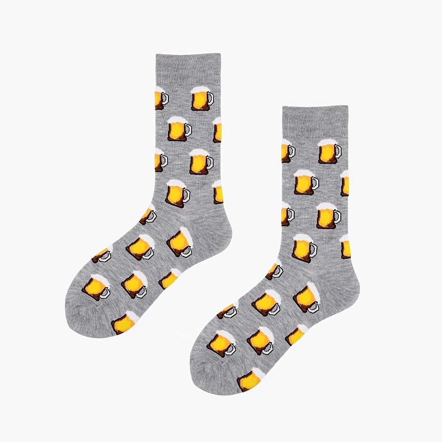 1 Pair Men's Beer Pattern Crew Socks, Gray Beer Theme, Essential Socks For Beer Lovers, Wear, Ideal Gift For Men
