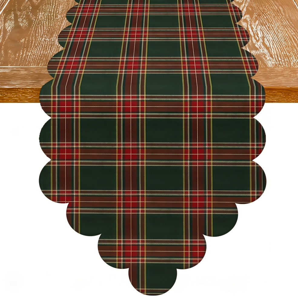 TEMU 1pc Dark Green Tartan Plaid Table Runner With Scalloped Pointed Edges - Square Suitable For Holiday Rustic Dining Table Decor, & Green Tartan