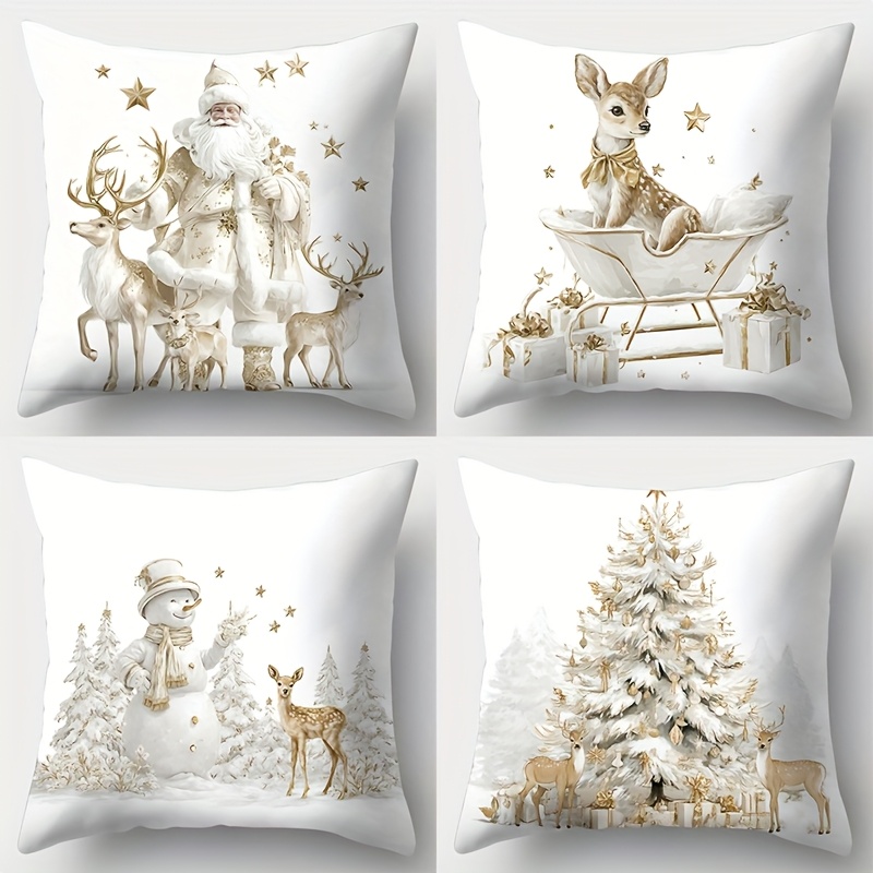 Image of 4pcs Set, Christmas Pillowcase, Elk Sleigh Christmas Tree Pillowcase, 17.7" X 17.7", Printed On , Christmas Decoration, Sofa Lumbar Cushion Cover, Pillowcase Without Pillow