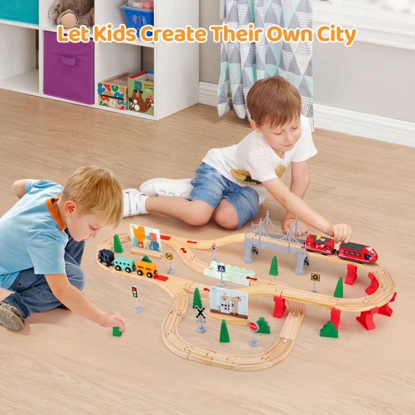 Image of 72pcs/set Wooden Train Track Set, Toy Suitable For Children Aged 3-8, Includes Tracks, And Additions, A Perfect Gift For Boys And Girls