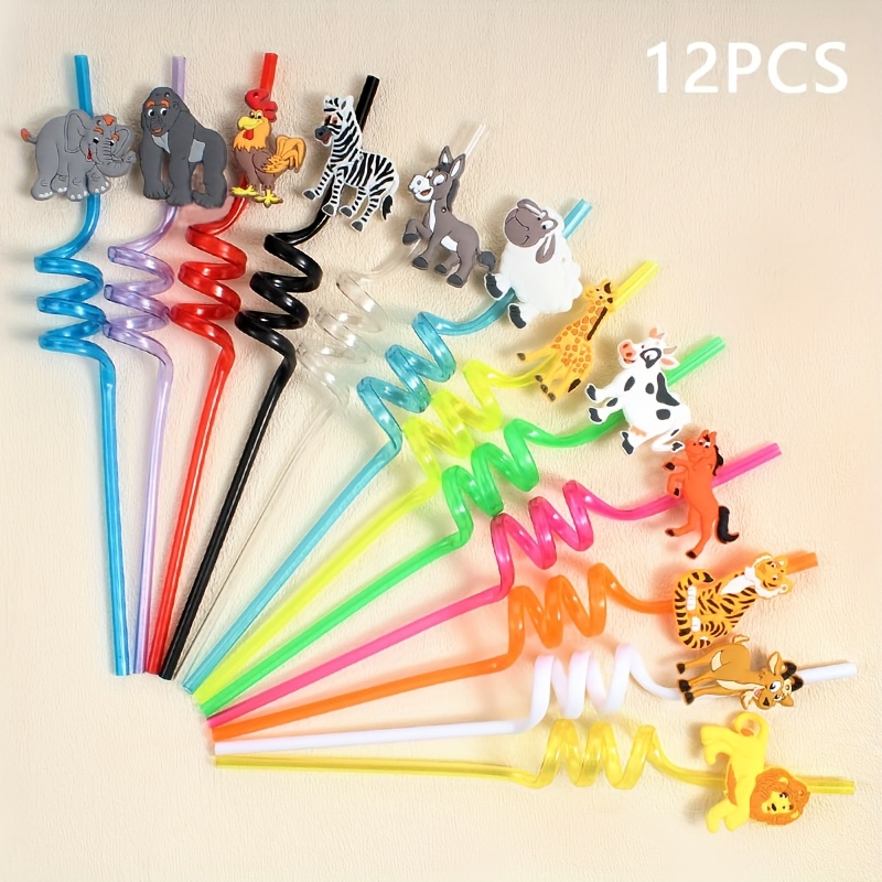 E-shop 11 Stück Dschungeltier Strohhalme, Wiederverwendbare Spiralhalme, Lebensmittelechtes Hochwertiges PET-Material, Löwe Elefant Zebra Giraffe