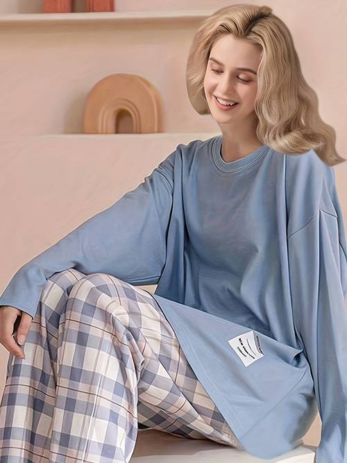 new womens pajamas set spring and autumn long sleeved t shirt pajamas plus pajama pants loose comfortable wear