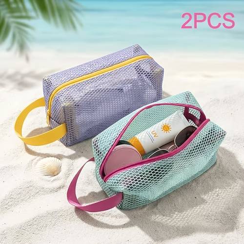 2 pack dopamine womens small handbag macaron color octagonal mesh handle bag cosmetic pouch portable large capacity storage bag for outdoor travel and gym transparent swimming gear bag drainable breathable beach storage bag