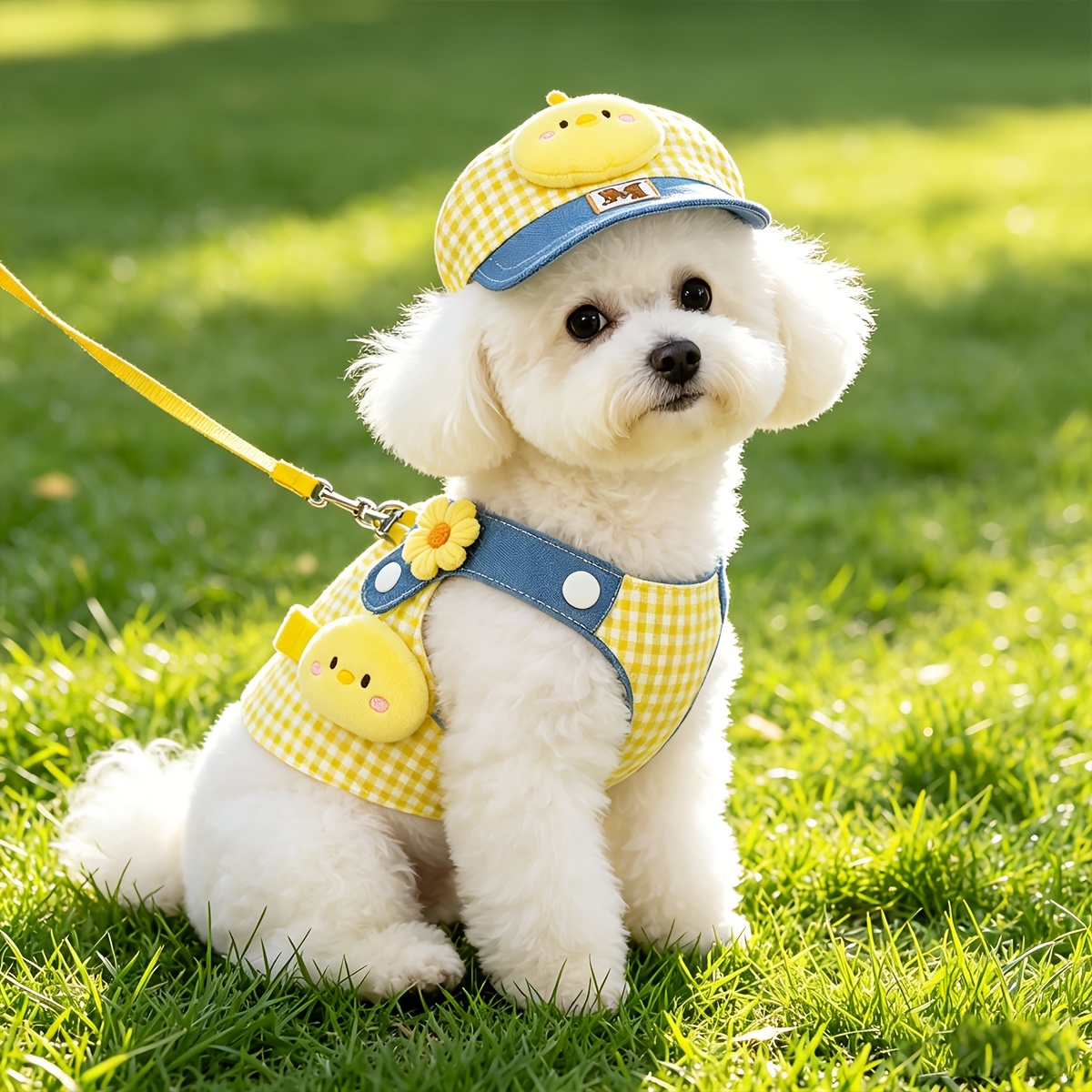 TEMU 3-in-1 Dog Leash And Visor Set With Anti-pull Chest Strap - Soft And Adjustable For Small To Medium Sized Dogs, Yellow Plaid Chest Strap And