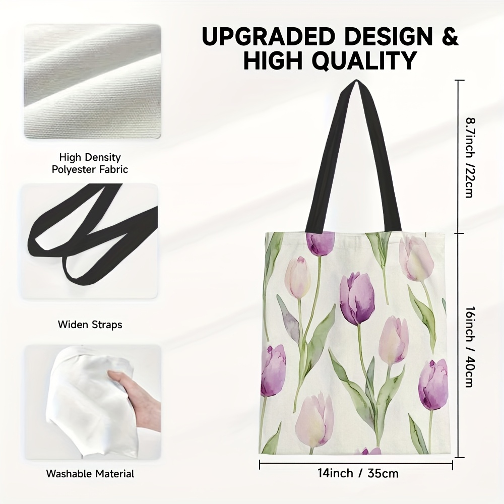 TEMU 1pc Capacity Tulip Print Tote - Elegant With Stems & , Durable Folding Suitable For Easter, Mother' Day, Graduation, Travel, Picnic, Party -
