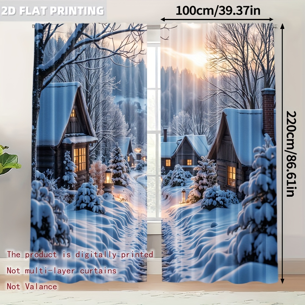 TEMU 2pcs, Curtains Digital Printed Snowy Landscape Machine Washable (without Rod,no Movement, No Battery) Holiday For Bedroom, Kitchen, Office &