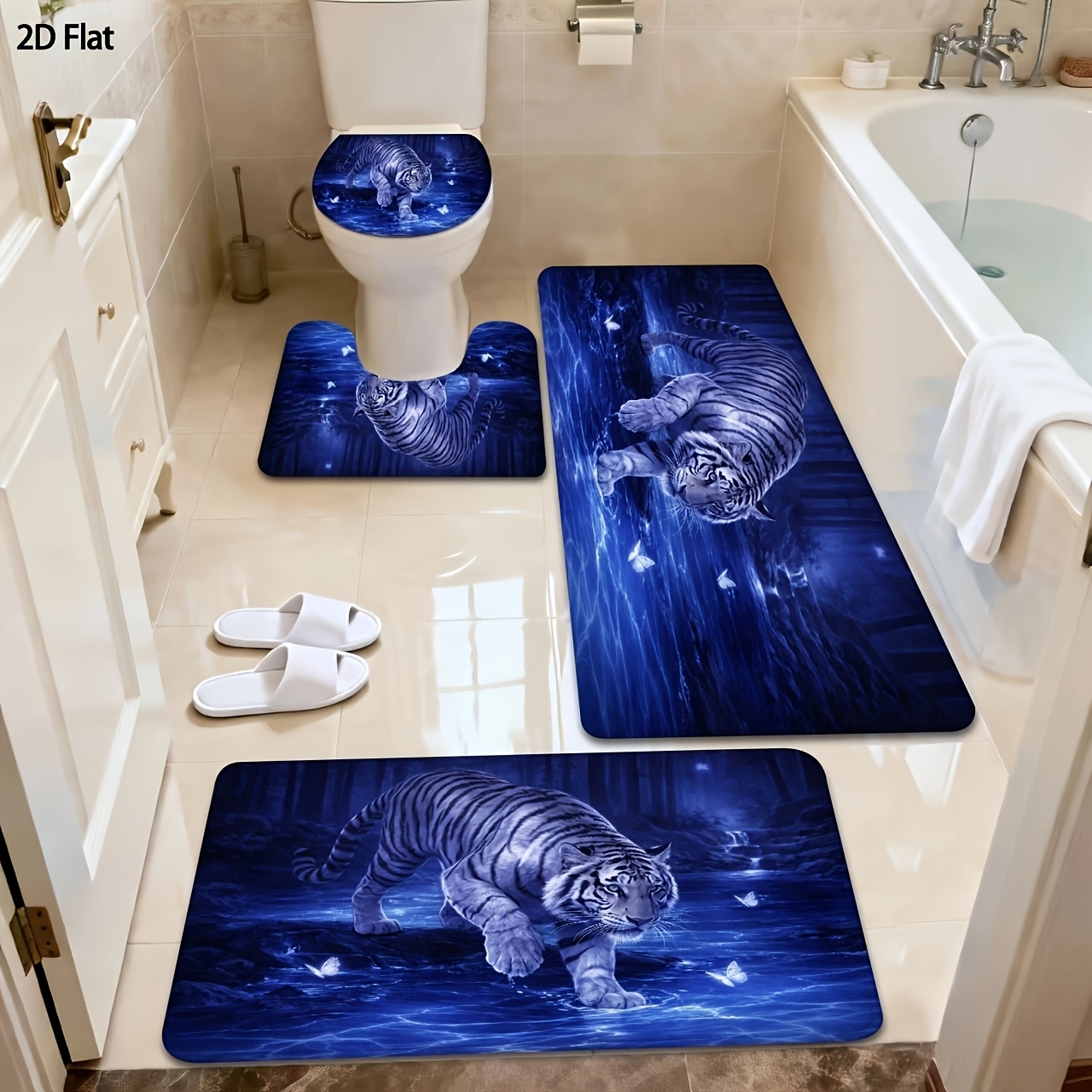 TEMU 2d Flat 3/4pcs Bathroom Anti-slip Mat Set, Tiger Stream, Home Decor Shower Room Entrance Absorbent Floor Mat, Household Soft Thickened