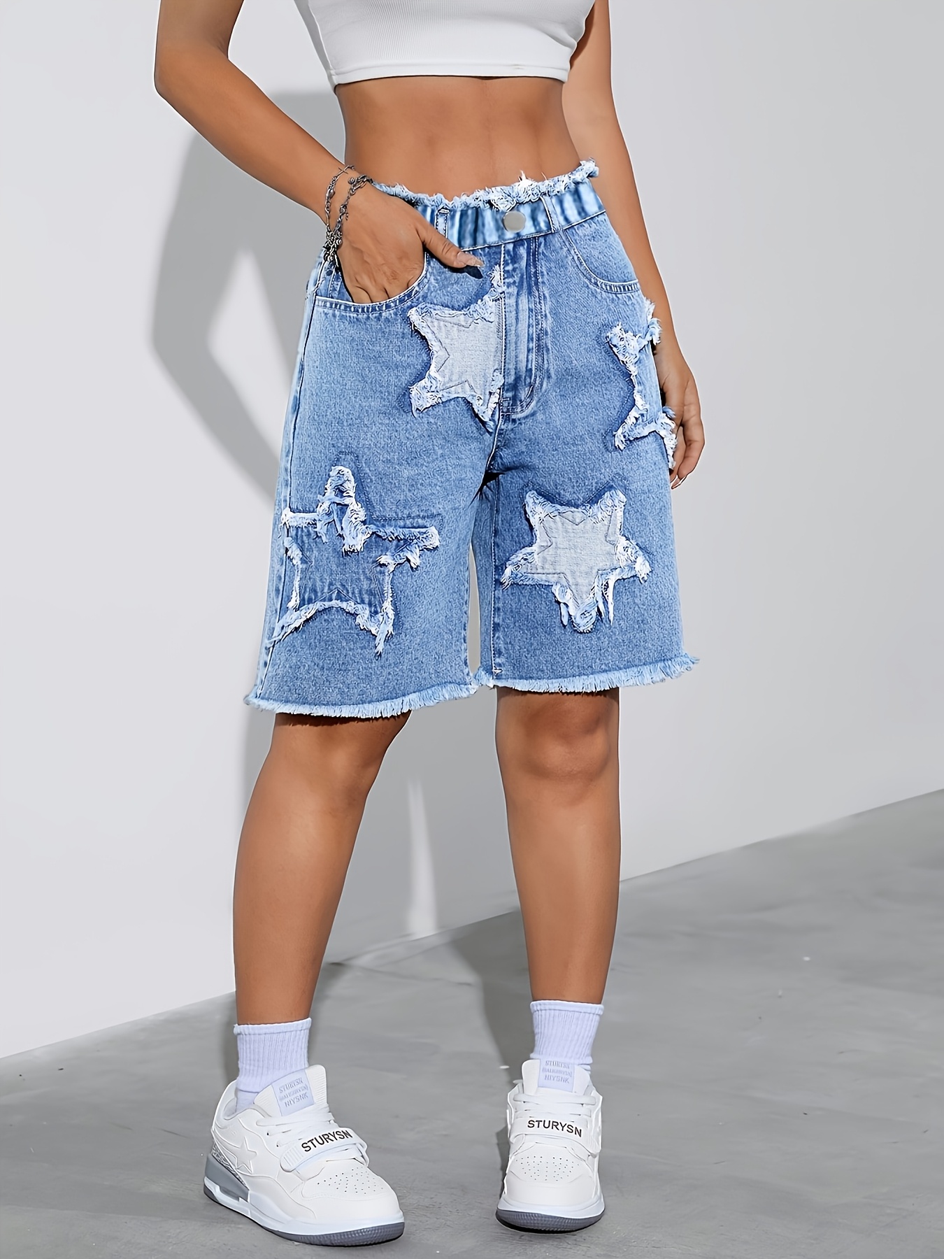 girls fashionable versatile y2k star patch embroidered denim shorts zipper free stretchy elastic waist for   trendy summer beach casual wear ideal for campus back to school festivals a cute must have for girls for outdoor