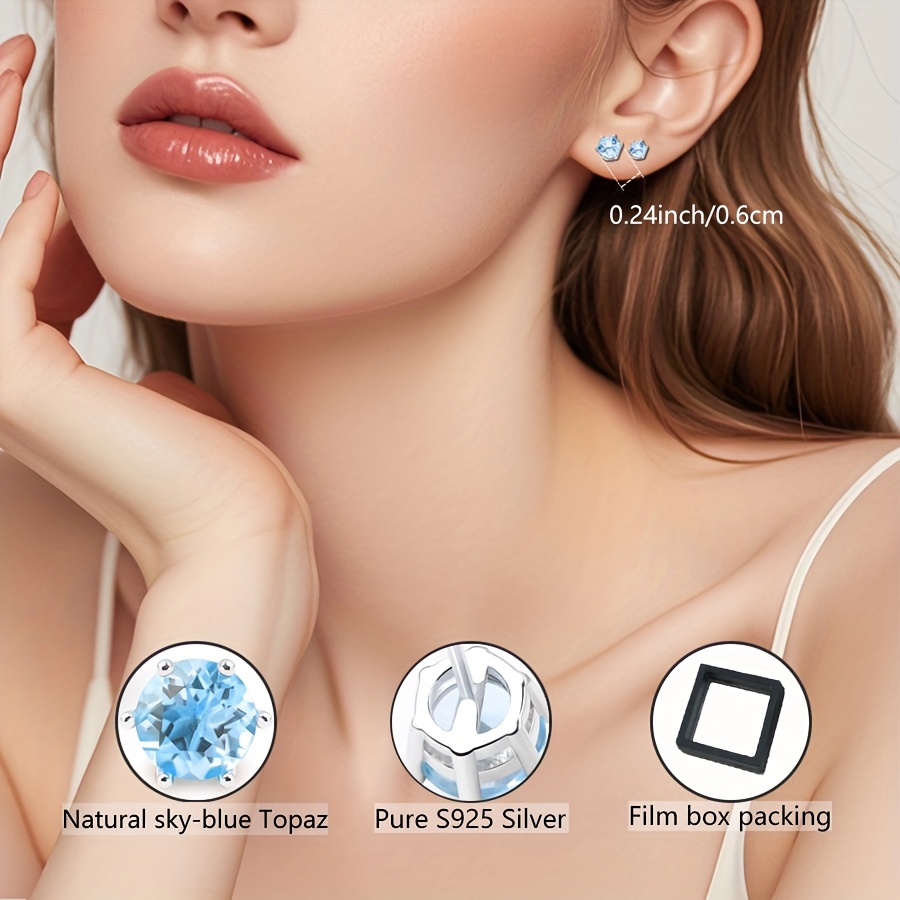 Image of Gorgeous Natural Topaz S925 Silver Earrings With 0.75x2 (1.5ct Total) / 0.5x2 (1ct Total) Sky Stones, -prong Torch Design For Men And Women, Party & Everyday Accessory Gift Symbolizing Friendship